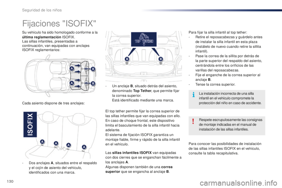 PEUGEOT 108 2015  Manual del propietario (in Spanish) 130
108_es_Chap08_securite-enfants_ed01-2015
Su vehículo ha sido homologado conforme a la 
última reglamentación ISOFIX.
Las sillas infantiles, presentadas a 
continuación, van equipadas con ancla