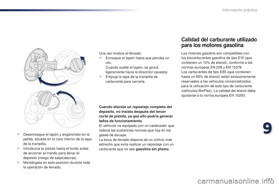 PEUGEOT 108 2015  Manual del propietario (in Spanish) 137
108_es_Chap09_info-pratiques_ed01-2015
F Desenrosque el tapón y engánchelo en la 
patilla, situada en la cara interior de la tapa 
de la trampilla.
F
 In

troduzca la pistola hasta el fondo ante