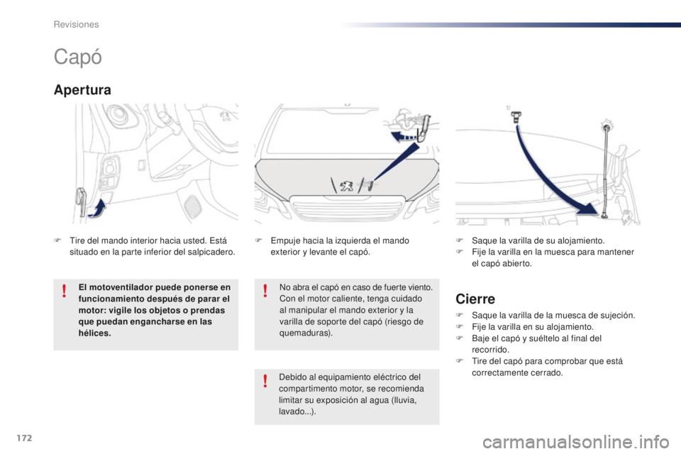 PEUGEOT 108 2015  Manual del propietario (in Spanish) 172
108_es_Chap10_verifications_ed01-2015
Capó
No abra el capó en caso de fuerte viento.
Con el motor caliente, tenga cuidado 
al manipular el mando exterior y la 
varilla de soporte del capó (ries