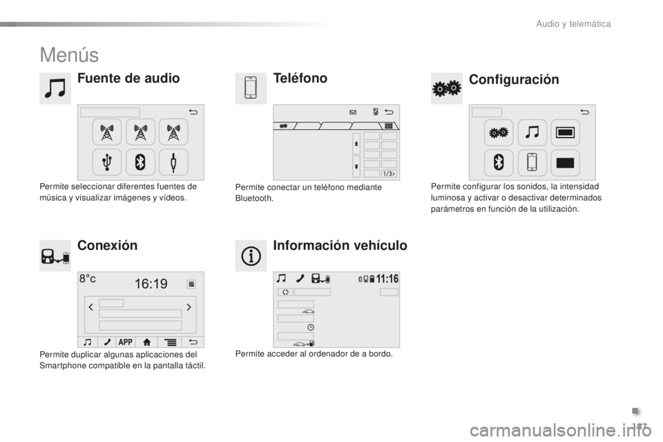 PEUGEOT 108 2015  Manual del propietario (in Spanish) 187
108_es_Chap12a_Autoradio-Toyota-tactile-1_ed01-2015
Menús
Fuente de audioConfiguración
Teléfono
Conexión Información vehículo
Permite seleccionar diferentes fuentes de 
música y visualizar 