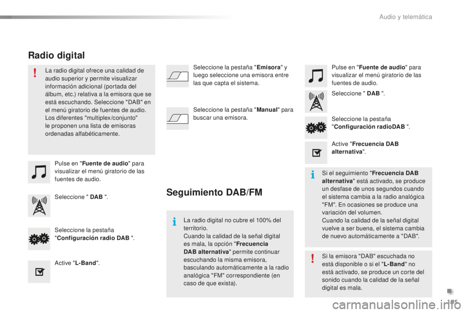 PEUGEOT 108 2015  Manual del propietario (in Spanish) 195
108_es_Chap12a_Autoradio-Toyota-tactile-1_ed01-2015
Pulse en "Fuente de audio " para 
visualizar el menú giratorio de las 
fuentes de audio. Pulse en "
Fuente de audio " para 
vis