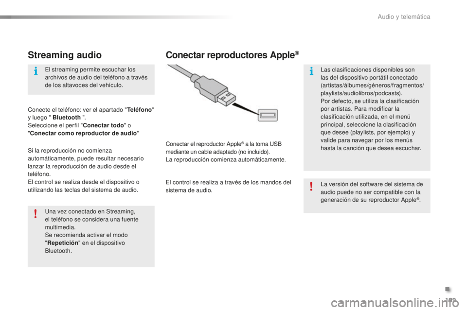 PEUGEOT 108 2015  Manual del propietario (in Spanish) 199
108_es_Chap12a_Autoradio-Toyota-tactile-1_ed01-2015
Streaming audio
Una vez conectado en Streaming, 
el teléfono se considera una fuente 
multimedia.
Se recomienda activar el modo 
"Repetici