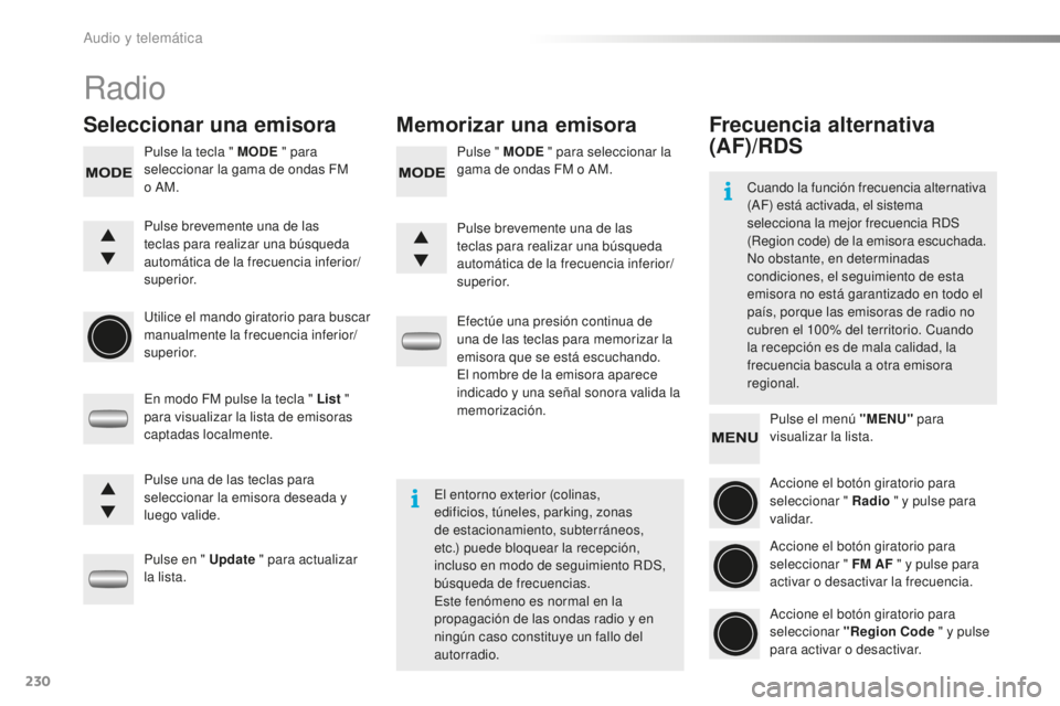 PEUGEOT 108 2015 Manual del propietario (in Spanish) 230
108_es_Chap12b_Autoradio-Toyota-2_ed01-2015
Radio
Seleccionar una emisoraMemorizar una emisora
Pulse la tecla " MODE " para
seleccionar la gama de ondas FM
o AM. Pulse " MODE
" PEUGEOT 108 2015 Manual del propietario (in Spanish) 230
108_es_Chap12b_Autoradio-Toyota-2_ed01-2015
Radio
Seleccionar una emisoraMemorizar una emisora
Pulse la tecla " MODE " para
seleccionar la gama de ondas FM
o AM. Pulse " MODE
"