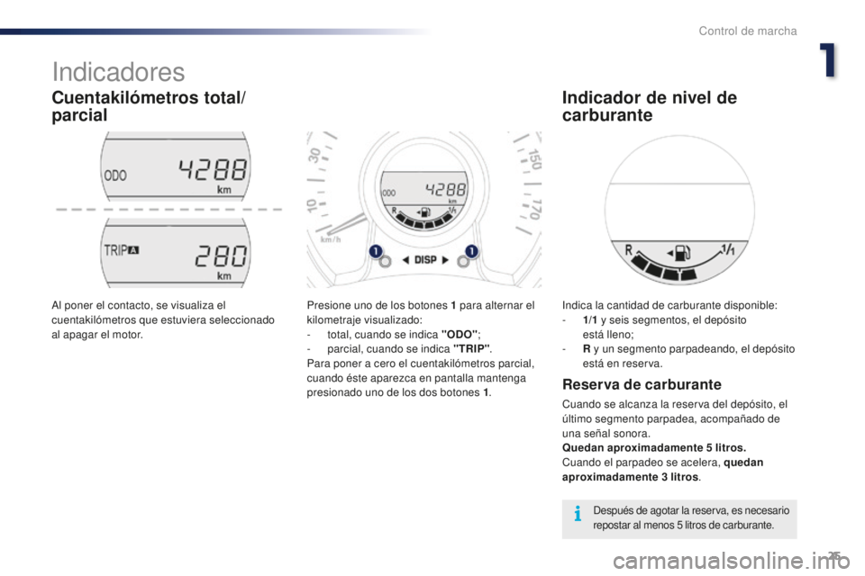 PEUGEOT 108 2015  Manual del propietario (in Spanish) 25
108_es_Chap01_controle-de-marche_ed01-2015
Indicadores
Cuentakilómetros total/
parcial
Presione uno de los botones 1 para alternar el 
ki lometraje visualizado:
-
 to

tal, cuando se indica "O