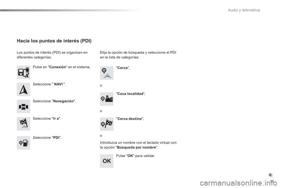 PEUGEOT 108 2015 Manual del propietario (in Spanish) .
Audio y telemática
11
Seleccione " NAVI
".
Seleccione " Ir a
".
Pulse en " Conexión
" en el sistema.
Seleccione " Navegación
".
Hacia los puntos de interés PEUGEOT 108 2015 Manual del propietario (in Spanish) .
Audio y telemática
11
Seleccione " NAVI
".
Seleccione " Ir a
".
Pulse en " Conexión
" en el sistema.
Seleccione " Navegación
".
Hacia los puntos de interés