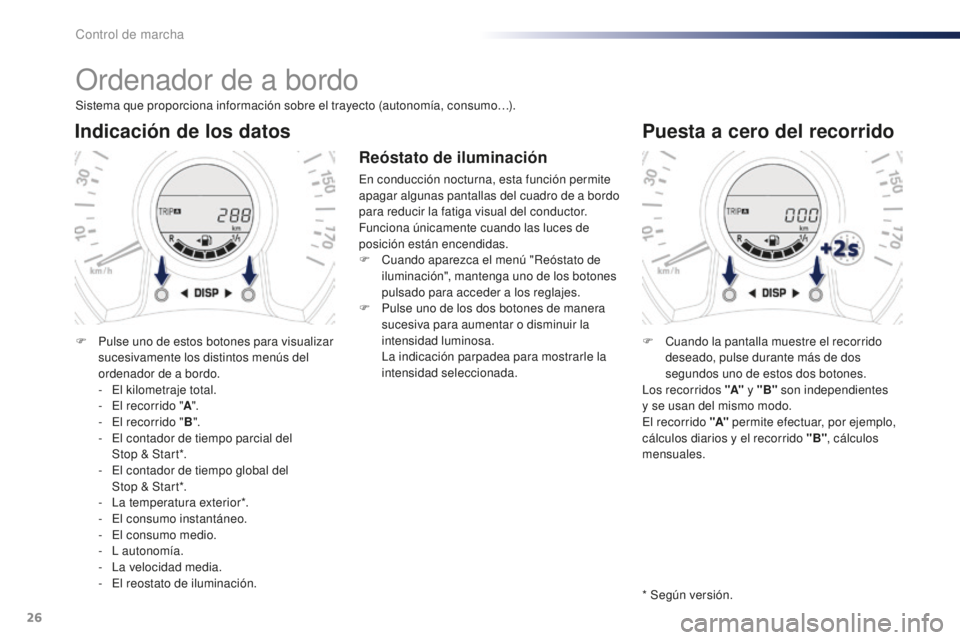 PEUGEOT 108 2015  Manual del propietario (in Spanish) 26
Ordenador de a bordo
Sistema que proporciona información sobre el trayecto (autonomía, consumo…).
Indicación de los datos
F Pulse uno de estos botones para visualizar 
sucesivamente los distin