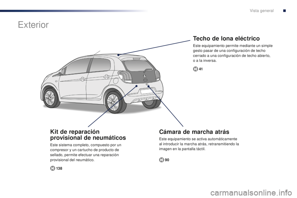 PEUGEOT 108 2015  Manual del propietario (in Spanish) 5
108_es_Chap00b_vue-ensemble_ed01-2015
Techo de lona eléctrico
Este equipamiento permite mediante un simple 
gesto pasar de una configuración de techo 
cerrado a una configuración de techo abierto