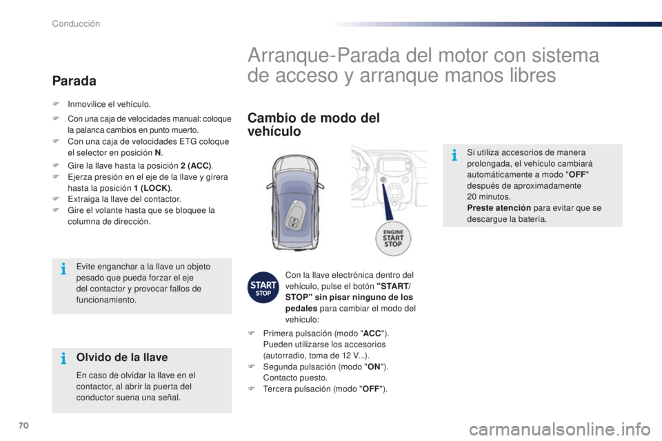 PEUGEOT 108 2015 Manual del propietario (in Spanish) 70
108_es_Chap05_conduite_ed01-2015
Si utiliza accesorios de manera
prolongada, el vehículo cambiará
automáticamente a modo "OFF"
después de aproximadamente
20
m
inutos.
Preste aten PEUGEOT 108 2015 Manual del propietario (in Spanish) 70
108_es_Chap05_conduite_ed01-2015
Si utiliza accesorios de manera
prolongada, el vehículo cambiará
automáticamente a modo "OFF"
después de aproximadamente
20
m
inutos.
Preste aten