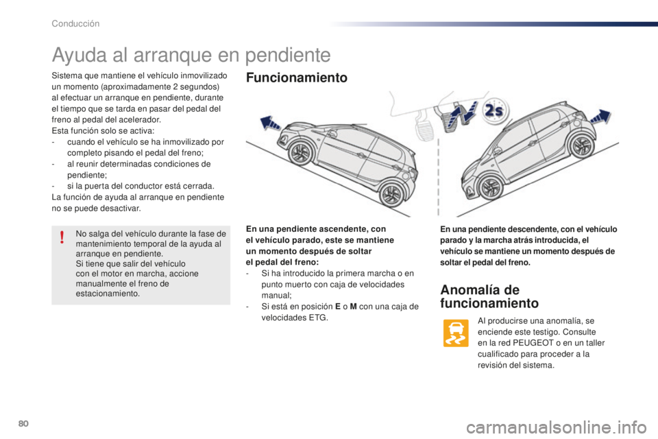 PEUGEOT 108 2015  Manual del propietario (in Spanish) 80
108_es_Chap05_conduite_ed01-2015
Ayuda al arranque en pendiente
Sistema que mantiene el vehículo inmovilizado 
un momento (aproximadamente 2 segundos) 
al efectuar un arranque en pendiente, durant