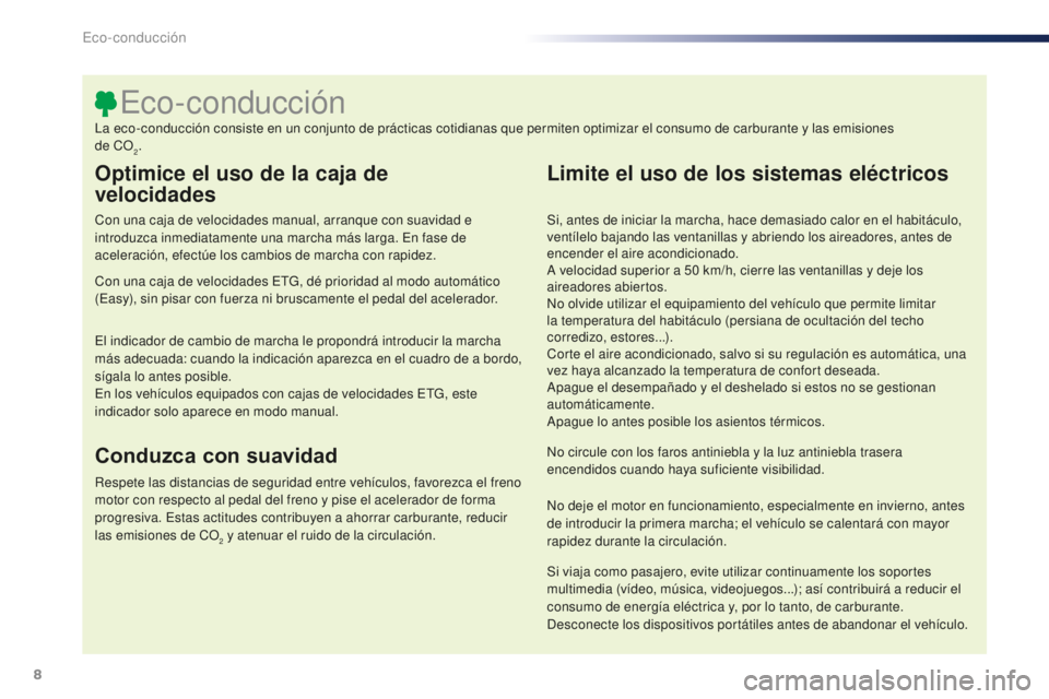 PEUGEOT 108 2015  Manual del propietario (in Spanish) 8
108_es_Chap00c_eco-conduite_ed01-2015
Optimice el uso de la caja de  
velocidades
Con una caja de velocidades manual, arranque con suavidad e 
introduzca inmediatamente una marcha más larga. En fas