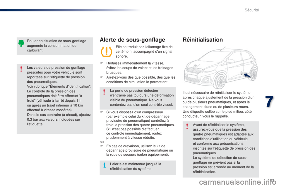PEUGEOT 108 2015  Manuel du propriétaire (in French) 103
Alerte de sous-gonflage
Elle se traduit par l'allumage fixe de 
ce témoin, accompagné d'un signal 
sonore.
F
 
R

éduisez immédiatement la vitesse, 
évitez les coups de volant et les 