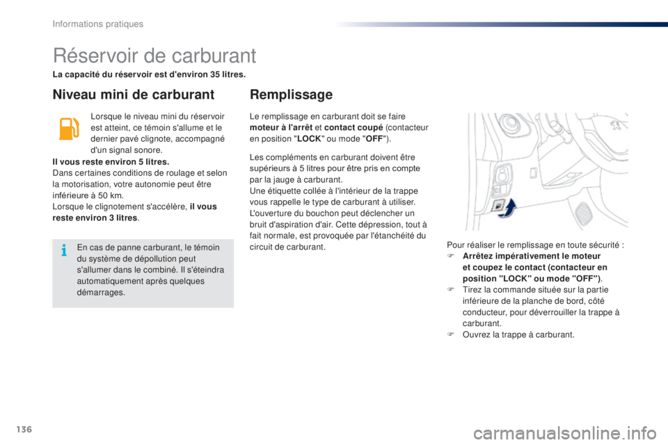 PEUGEOT 108 2015 Manuel du propriétaire (in French) 136
Réservoir de carburant
Niveau mini de carburantRemplissage
Lorsque le niveau mini du réservoir
est atteint, ce témoin s'allume et le
dernier pavé clignote, accompagné
d'un signal s PEUGEOT 108 2015 Manuel du propriétaire (in French) 136
Réservoir de carburant
Niveau mini de carburantRemplissage
Lorsque le niveau mini du réservoir
est atteint, ce témoin s'allume et le
dernier pavé clignote, accompagné
d'un signal s