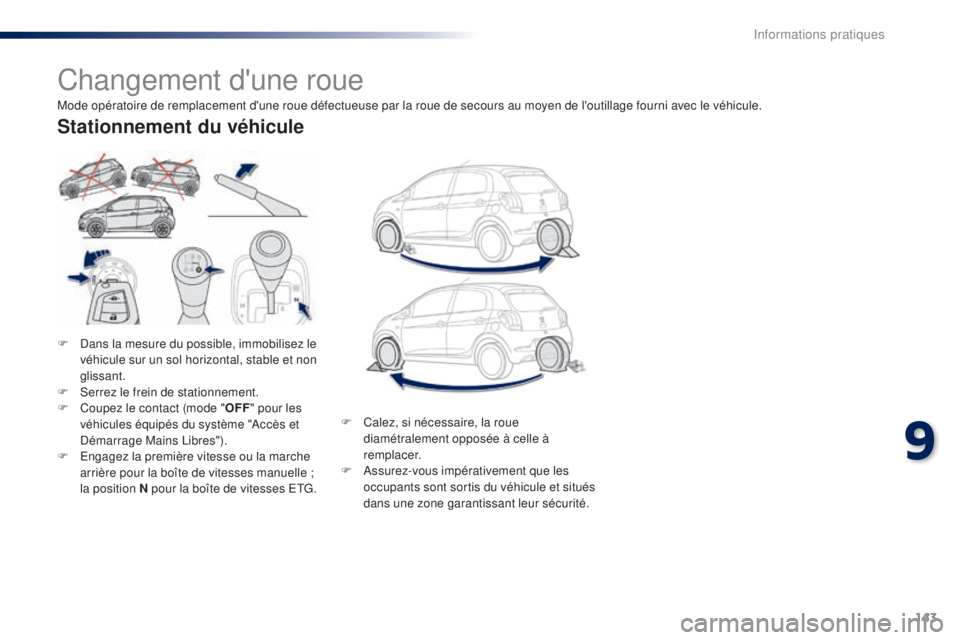 PEUGEOT 108 2015 Manuel du propriétaire (in French) 143
Changement d'une roue
F Dans la mesure du possible, immobilisez le véhicule sur un sol horizontal, stable et non
glissant.
F
S
errez le frein de stationnement.
F
C
oupez le contact (mo PEUGEOT 108 2015 Manuel du propriétaire (in French) 143
Changement d'une roue
F Dans la mesure du possible, immobilisez le véhicule sur un sol horizontal, stable et non
glissant.
F
S
errez le frein de stationnement.
F
C
oupez le contact (mo