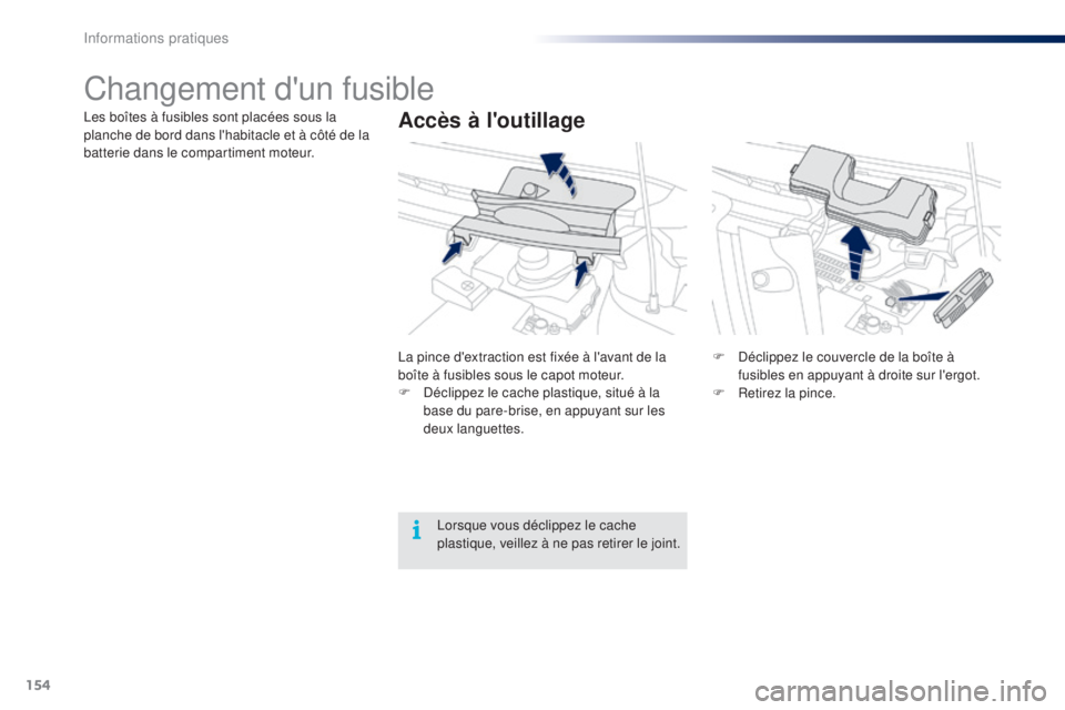 PEUGEOT 108 2015 Manuel du propriétaire (in French) 154
Changement d'un fusible
Accès à l'outillageLes boîtes à fusibles sont placées sous la
planche de bord dans l'habitacle et à côté de la
batterie dans le compartiment moteur.La PEUGEOT 108 2015 Manuel du propriétaire (in French) 154
Changement d'un fusible
Accès à l'outillageLes boîtes à fusibles sont placées sous la
planche de bord dans l'habitacle et à côté de la
batterie dans le compartiment moteur.La
