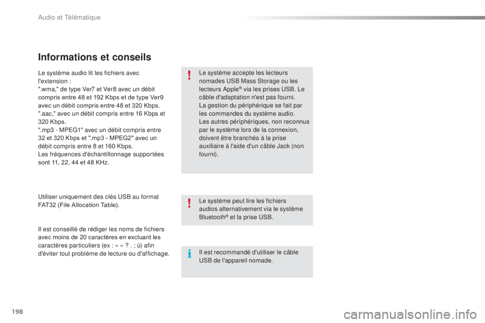 PEUGEOT 108 2015  Manuel du propriétaire (in French) 198
Informations et conseils
Le système accepte les lecteurs 
nomades USB Mass Storage ou les 
lecteurs Apple
® via les prises USB. Le 
câble d'adaptation n'est pas fourni.
La gestion du p