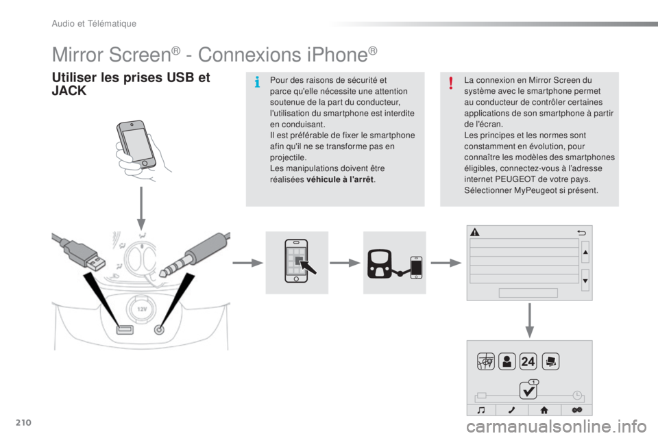 PEUGEOT 108 2015 Manuel du propriétaire (in French) 210
Mirror Screen® - Connexions iPhone®
Utiliser les prises USB et
JACKLa connexion en Mirror Screen du
système avec le smartphone permet
au conducteur de contrôler certaines
applications de s PEUGEOT 108 2015 Manuel du propriétaire (in French) 210
Mirror Screen® - Connexions iPhone®
Utiliser les prises USB et
JACKLa connexion en Mirror Screen du
système avec le smartphone permet
au conducteur de contrôler certaines
applications de s