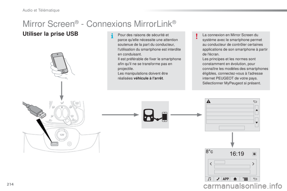PEUGEOT 108 2015 Manuel du propriétaire (in French) 214
Mirror Screen® - Connexions MirrorLink®
Utiliser la prise USBLa connexion en Mirror Screen du
système avec le smartphone permet
au conducteur de contrôler certaines
applications de son smar PEUGEOT 108 2015 Manuel du propriétaire (in French) 214
Mirror Screen® - Connexions MirrorLink®
Utiliser la prise USBLa connexion en Mirror Screen du
système avec le smartphone permet
au conducteur de contrôler certaines
applications de son smar