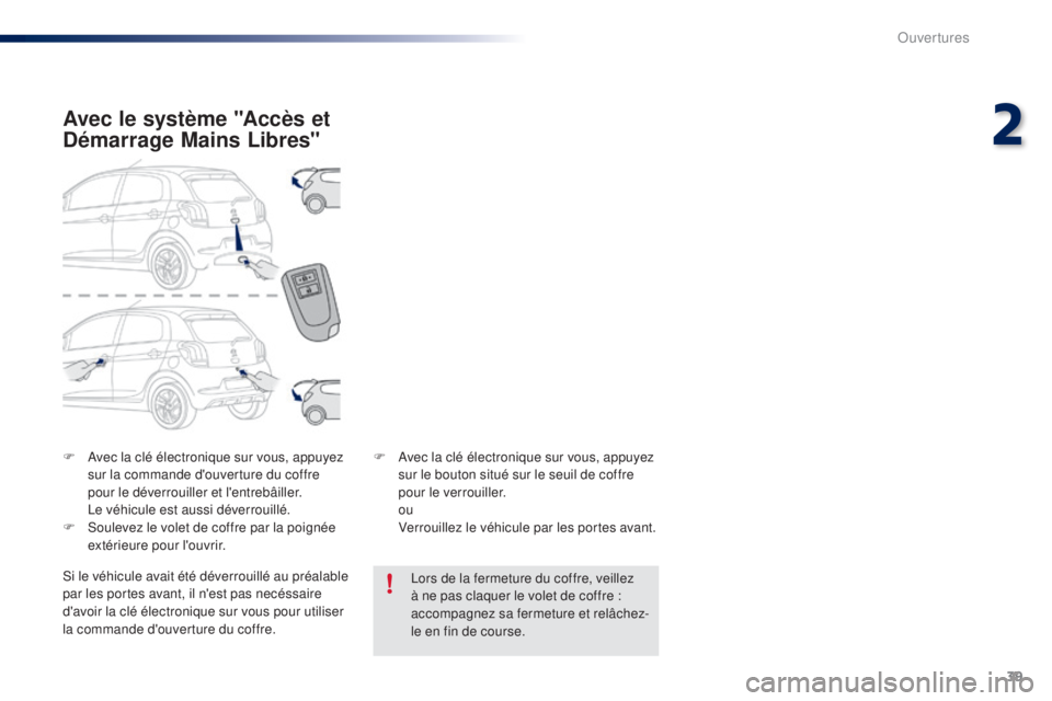 PEUGEOT 108 2015  Manuel du propriétaire (in French) 39
F Avec la clé électronique sur vous, appuyez sur la commande d'ouverture du coffre 
pour le déverrouiller et l'entrebâiller.
 L

e véhicule est aussi déverrouillé.
F
 
S
 oulevez le 