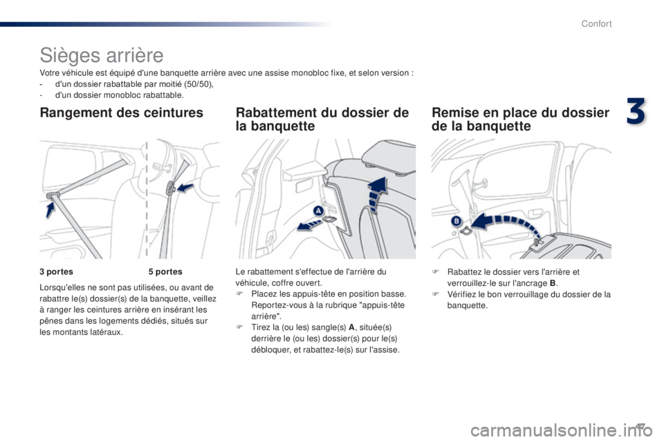 PEUGEOT 108 2015  Manuel du propriétaire (in French) 47
Votre véhicule est équipé d'une banquette arrière avec une assise monobloc fixe, et selon version :
-	 d'un 	 dossier 	 rabattable 	 par 	 moitié 	 (50/50),
-
 d

'un dossier monob