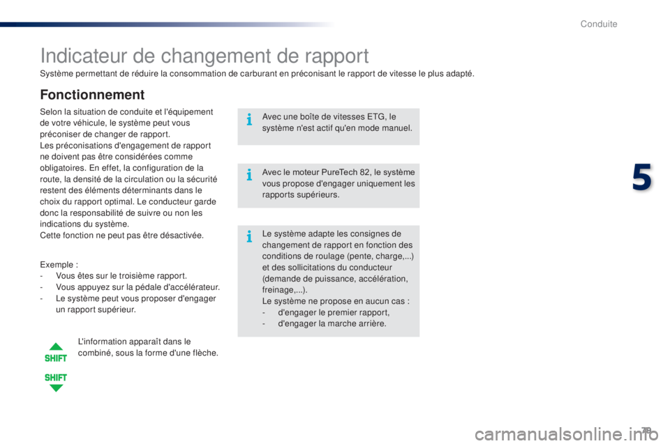 PEUGEOT 108 2015  Manuel du propriétaire (in French) 79
Système permettant de réduire la consommation de carburant en préconisant le rapport de vitesse le plus adapté.
Indicateur de changement de rapport
Fonctionnement
Exemple :
-  V ous êtes sur l