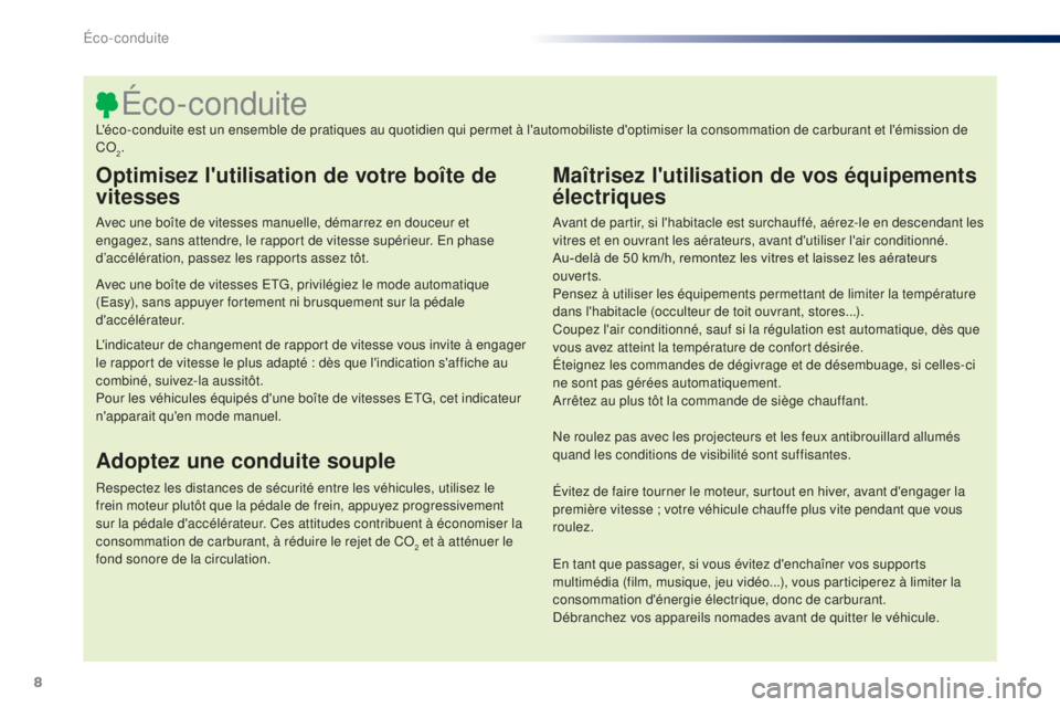 PEUGEOT 108 2015  Manuel du propriétaire (in French) 8
Optimisez l'utilisation de votre boîte de 
vitesses
Avec une boîte de vitesses manuelle, démarrez en douceur et 
engagez, sans attendre, le rapport de vitesse supérieur. En phase 
d’accél