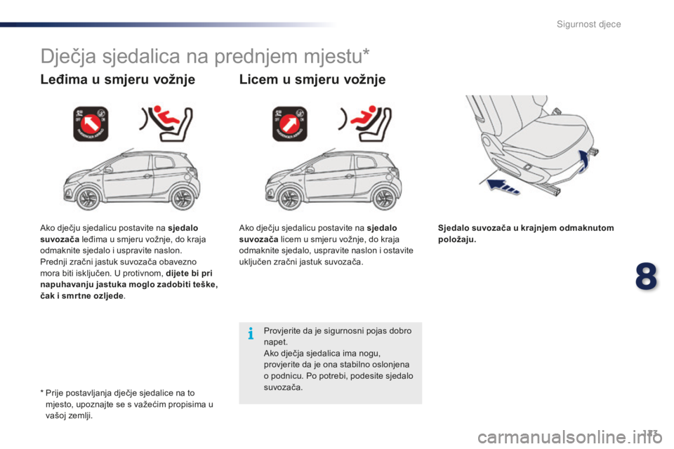 PEUGEOT 108 2015  Upute Za Rukovanje (in Croatian) 123
108_hr_Chap08_securite-enfants_ed01-2015
Dječja sjedalica na prednjem mjestu*
Leđima u smjeru vožnje Licem u smjeru vožnje
Sjedalo suvozača u krajnjem odmaknutom 
položaju.
Provjerite da je 