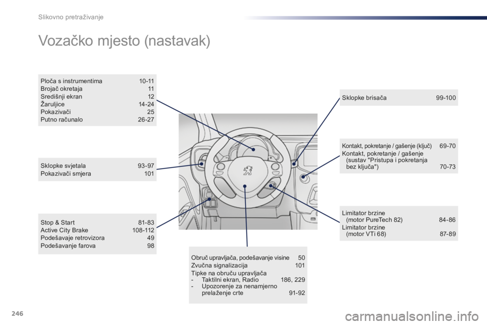 PEUGEOT 108 2015 Upute Za Rukovanje (in Croatian) 246
108_hr_Chap13_recherche-visuelle_ed01-2015
Obruč upravljača, podešavanje visine 50
Zvučna signalizacija 1 01
Tipke na obruču upravljača
-
T
aktilni ekran, Radio
1
86, 229
-
U
pozore PEUGEOT 108 2015 Upute Za Rukovanje (in Croatian) 246
108_hr_Chap13_recherche-visuelle_ed01-2015
Obruč upravljača, podešavanje visine 50
Zvučna signalizacija 1 01
Tipke na obruču upravljača
-
T
aktilni ekran, Radio
1
86, 229
-
U
pozore