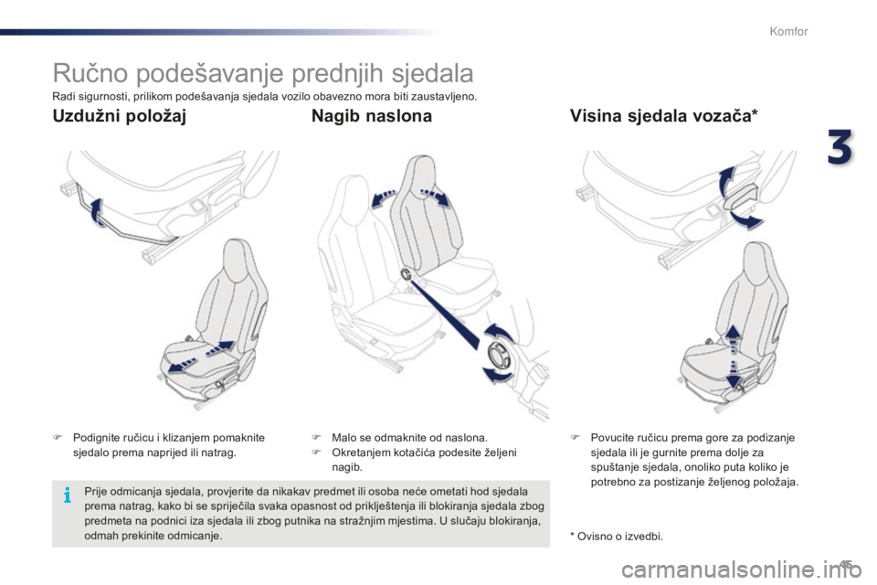 PEUGEOT 108 2015 Upute Za Rukovanje (in Croatian) 45
108_hr_Chap03_confort_ed01-2015
Ručno podešavanje prednjih sjedala
F Podignite ručicu i klizanjem pomaknite sjedalo prema naprijed ili natrag. F
P ovucite ručicu prema gore za podizanje
sjeda PEUGEOT 108 2015 Upute Za Rukovanje (in Croatian) 45
108_hr_Chap03_confort_ed01-2015
Ručno podešavanje prednjih sjedala
F Podignite ručicu i klizanjem pomaknite sjedalo prema naprijed ili natrag. F
P ovucite ručicu prema gore za podizanje
sjeda