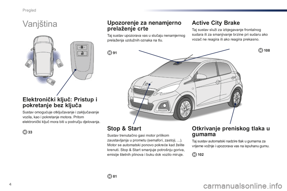 PEUGEOT 108 2015  Upute Za Rukovanje (in Croatian) 4
108_hr_Chap00b_vue-ensemble_ed01-2015
Vanjština
102
81 91
33
Elektronički ključ: Pristup i 
pokretanje bez ključa
Sustav omogućuje otključavanje i zaključavanje 
vozila, kao i pokretanje moto