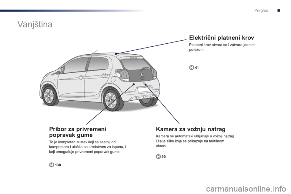 PEUGEOT 108 2015  Upute Za Rukovanje (in Croatian) 5
108_hr_Chap00b_vue-ensemble_ed01-2015
Električni platneni krov
Platneni krov otvara se i zatvara jednim 
potezom.41
Kamera za vožnju natrag
Kamera se automatski uključuje u vožnji natrag 
i šal