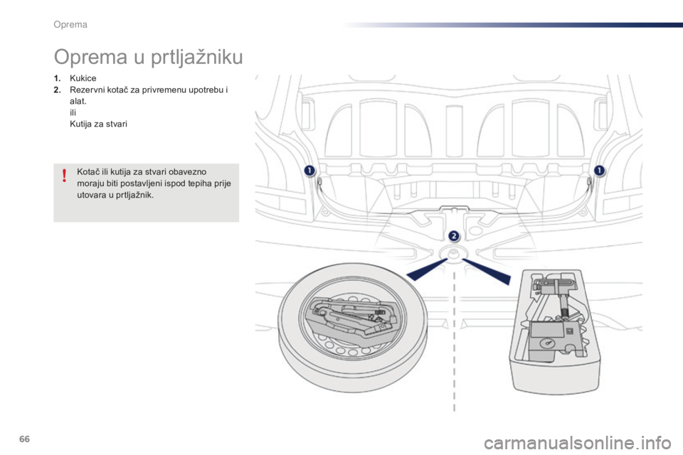 PEUGEOT 108 2015 Upute Za Rukovanje (in Croatian) 66
108_hr_Chap04_amenagements_ed01-2015
Oprema u prtljažniku
1. Kukice
2. Rezervni kotač za privremenu upotrebu i
alat.
i
li
K
utija za stvari
Kotač ili kutija za stvari obavezno
moraju biti PEUGEOT 108 2015 Upute Za Rukovanje (in Croatian) 66
108_hr_Chap04_amenagements_ed01-2015
Oprema u prtljažniku
1. Kukice
2. Rezervni kotač za privremenu upotrebu i
alat.
i
li
K
utija za stvari
Kotač ili kutija za stvari obavezno
moraju biti