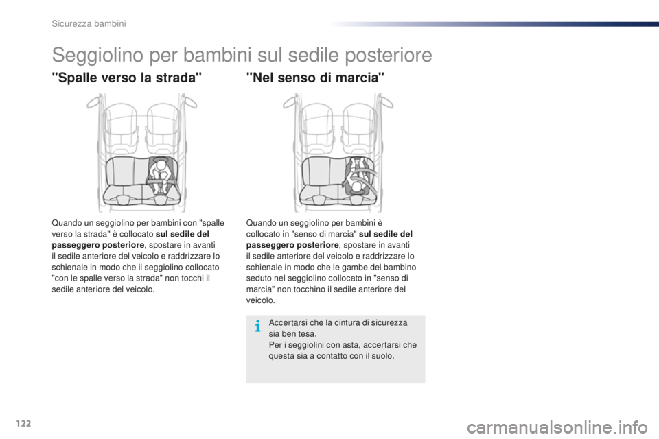 PEUGEOT 108 2015  Manuale duso (in Italian) 122
108_it_Chap08_securite-enfants_ed01-2015
Seggiolino per bambini sul sedile posteriore
"Spalle verso la strada"
Quando un seggiolino per bambini con "spalle 
verso la strada" è col