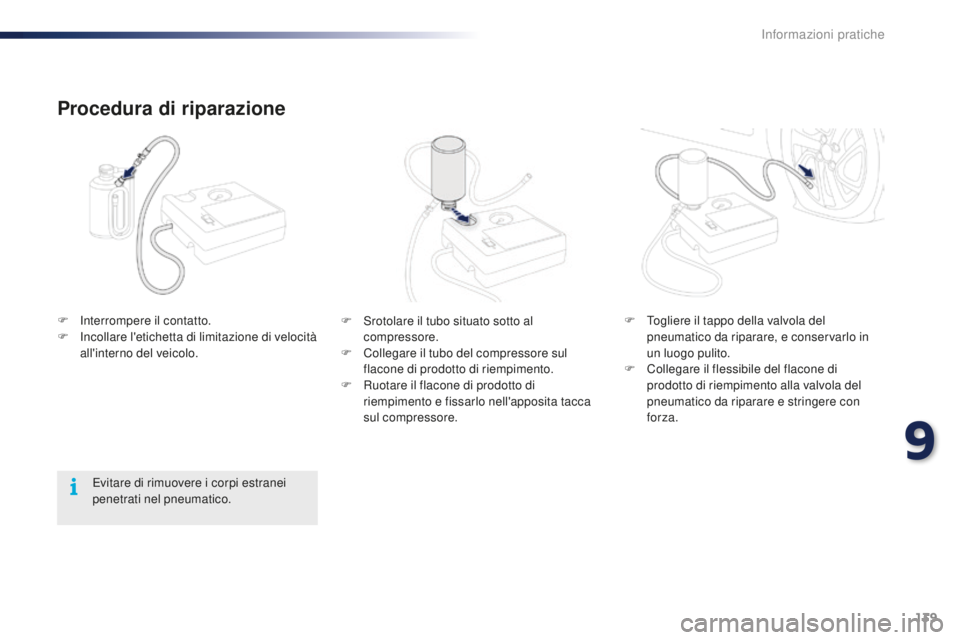 PEUGEOT 108 2015  Manuale duso (in Italian) 139
108_it_Chap09_info-pratiques_ed01-2015
F Srotolare il tubo situato sotto al compressore.
F
 
C
 ollegare il tubo del compressore sul 
flacone di prodotto di riempimento.
F
 
R
 uotare il flacone d