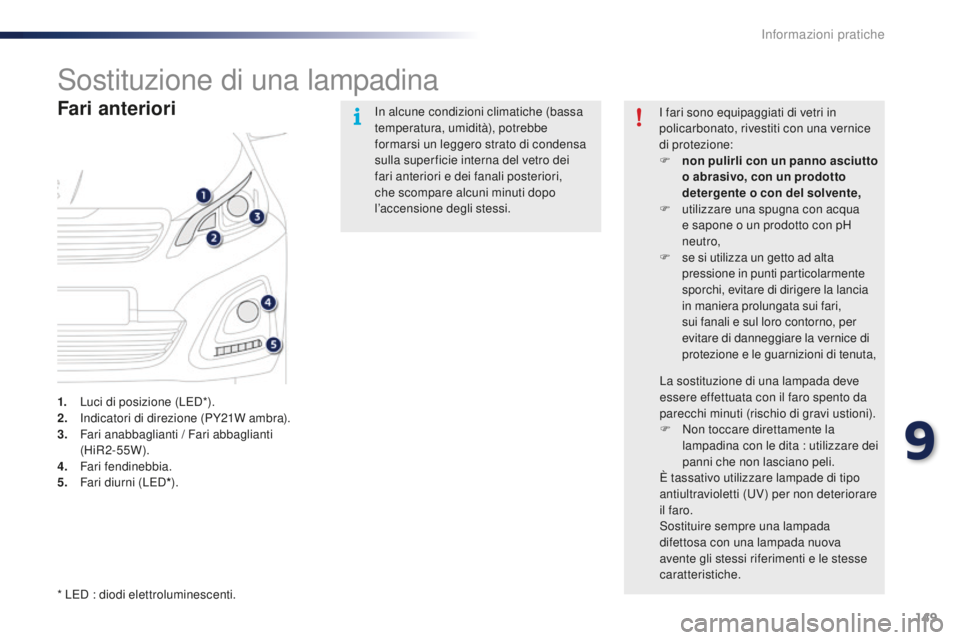 PEUGEOT 108 2015  Manuale duso (in Italian) 149
108_it_Chap09_info-pratiques_ed01-2015
Sostituzione di una lampadina
Fari anteriori
1. Luci di posizione (LED*).
2. Indicatori di direzione (PY21W ambra).
3.
 F

ari anabbaglianti / Fari abbaglian