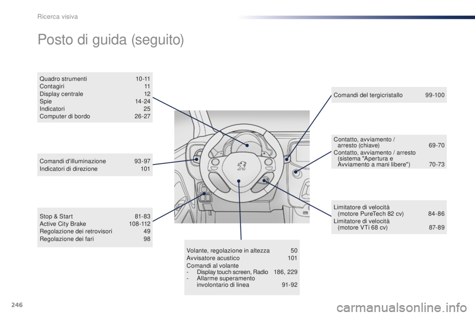 PEUGEOT 108 2015  Manuale duso (in Italian) 246
108_it_Chap13_recherche-visuelle_ed01-2015
Volante, regolazione in altezza 50
Avvisatore acustico 1 01
Comandi al volante
-
 
D
 isplay touch screen, Radio  
1
 8 6, 2 29
-
 
A
 llarme superamento