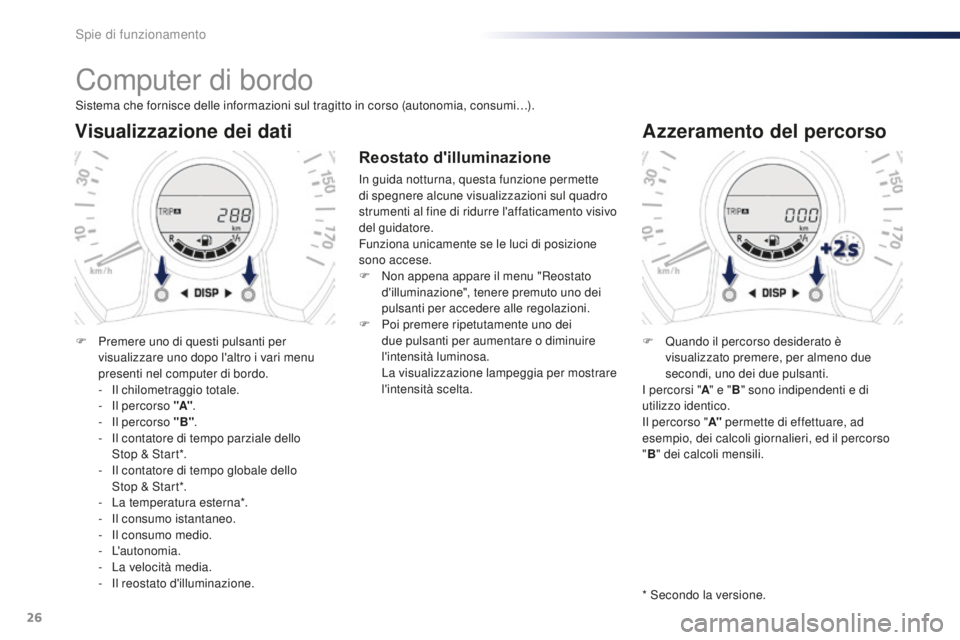 PEUGEOT 108 2015  Manuale duso (in Italian) 26
Computer di bordo
Sistema che fornisce delle informazioni sul tragitto in corso (autonomia, consumi…).
Visualizzazione dei dati
F Premere uno di questi pulsanti per visualizzare uno dopo l'al