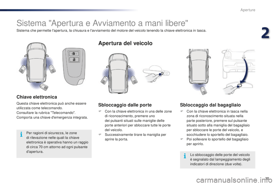 PEUGEOT 108 2015  Manuale duso (in Italian) 33
108_it_Chap02_ouvertures_ed01-2015
Sistema "Apertura e Avviamento a mani libere"
Sistema che permette l'apertura, la chiusura e l'avviamento del motore del veicolo tenendo la chiave