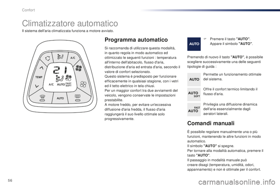 PEUGEOT 108 2015  Manuale duso (in Italian) 56
108_it_Chap03_confort_ed01-2015
Comandi manuali
È possibile regolare manualmente una o più 
funzioni, mantenendo le altre funzioni in modo 
automatico.
Il simbolo "AUTO" si spegne.
Per to