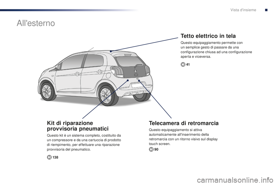 PEUGEOT 108 2015 Manuale duso (in Italian) 5
108_it_Chap00b_vue-ensemble_ed01-2015
Tetto elettrico in tela
Questo equipaggiamento permette con
un semplice gesto di passare da una
configurazione chiusa ad una configurazione
aperta e vicevers PEUGEOT 108 2015 Manuale duso (in Italian) 5
108_it_Chap00b_vue-ensemble_ed01-2015
Tetto elettrico in tela
Questo equipaggiamento permette con
un semplice gesto di passare da una
configurazione chiusa ad una configurazione
aperta e vicevers