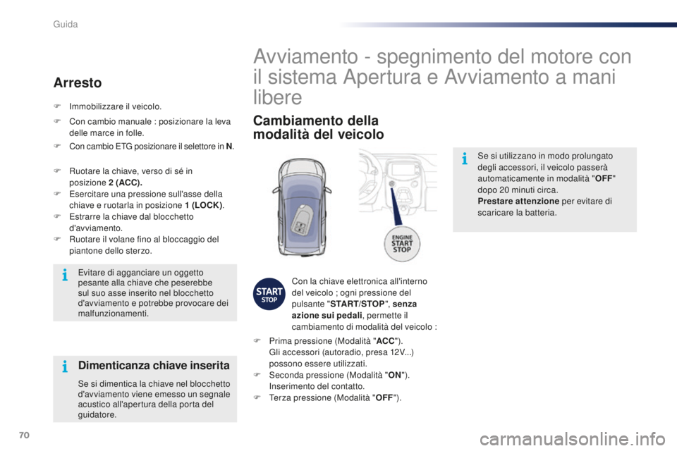 PEUGEOT 108 2015 Manuale duso (in Italian) 70
108_it_Chap05_conduite_ed01-2015
Se si utilizzano in modo prolungato
degli accessori, il veicolo passerà
automaticamente in modalità "OFF"
dopo 20
minuti circa.
Prestare attenzione PEUGEOT 108 2015 Manuale duso (in Italian) 70
108_it_Chap05_conduite_ed01-2015
Se si utilizzano in modo prolungato
degli accessori, il veicolo passerà
automaticamente in modalità "OFF"
dopo 20
minuti circa.
Prestare attenzione