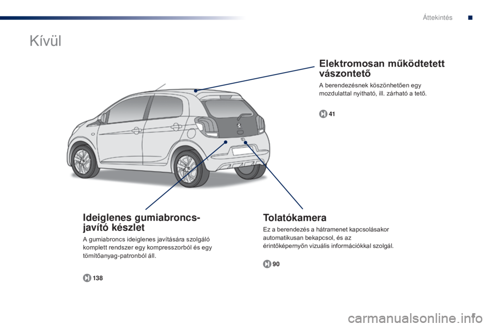 PEUGEOT 108 2015  Kezelési útmutató (in Hungarian) 5
108_hu_Chap00b_vue-ensemble_ed01-2015
Elektromosan működtetett 
vászontető
A berendezésnek köszönhetően egy 
mozdulattal nyitható, ill. zárható a tető.41
Tolatókamera
Ez a berendezés a