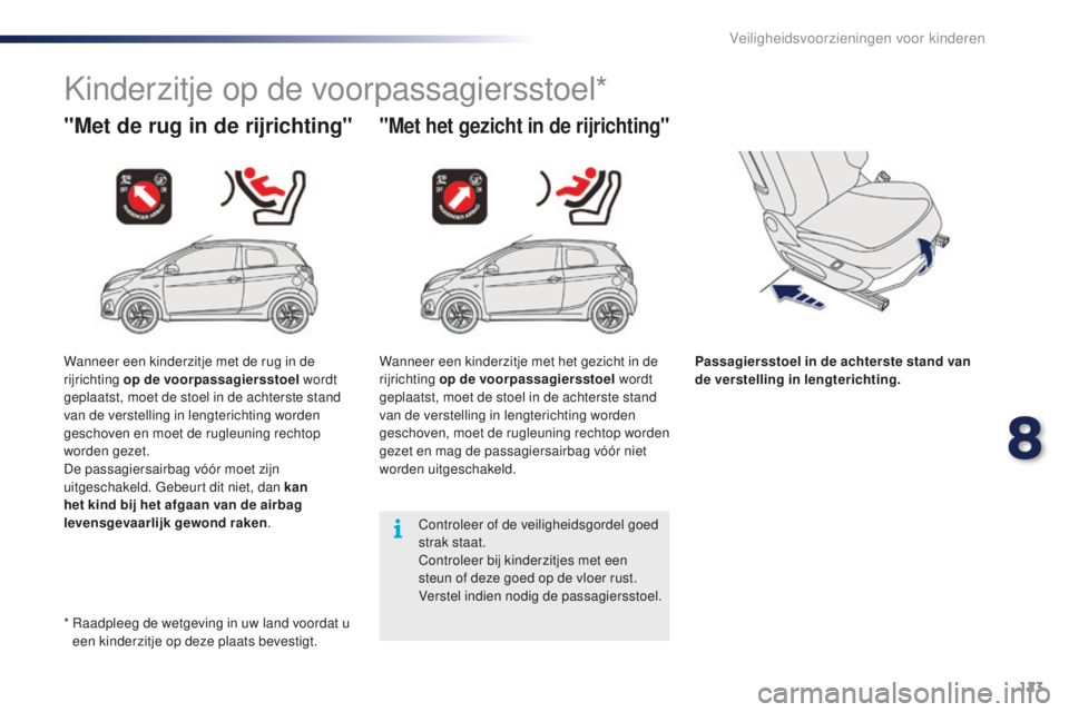 PEUGEOT 108 2015  Instructieboekje (in Dutch) 123
108_nl_Chap08_securite-enfants_ed01-2015
Kinderzitje op de voorpassagiersstoel*
"Met de rug in de rijrichting""Met het gezicht in de rijrichting"
Passagiersstoel in de achterste st