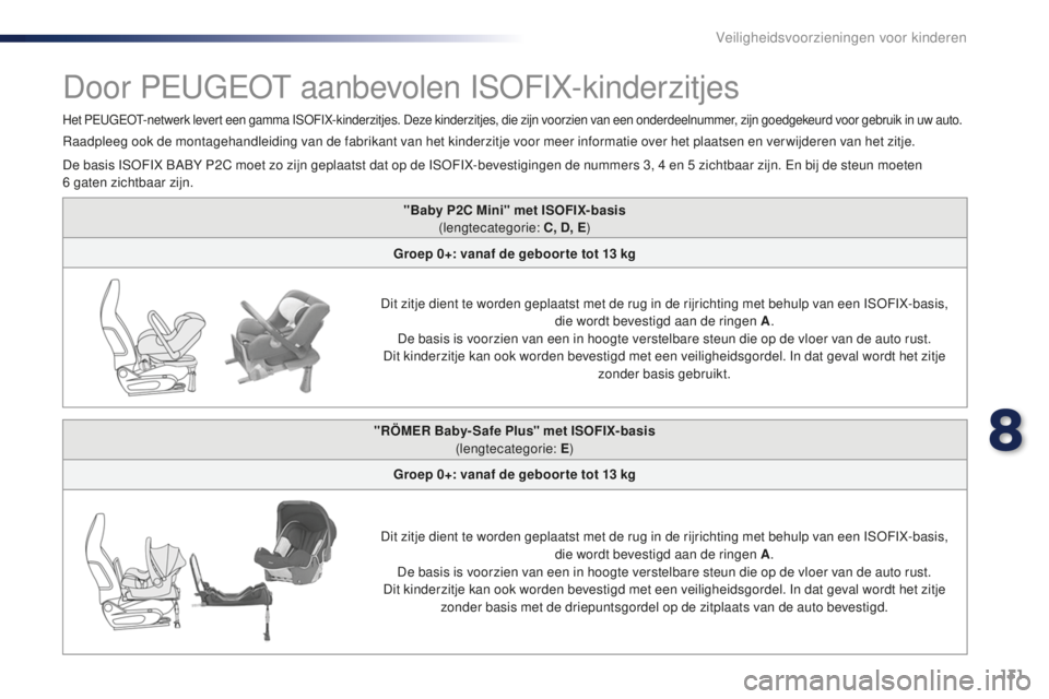 PEUGEOT 108 2015  Instructieboekje (in Dutch) 131
108_nl_Chap08_securite-enfants_ed01-2015
"Baby P2C Mini" met ISOFIX-basis (lengtecategorie: C, D, E )
Groep 0+: vanaf de geboor te tot 13
  kg
Dit zitje dient te worden geplaatst met de ru