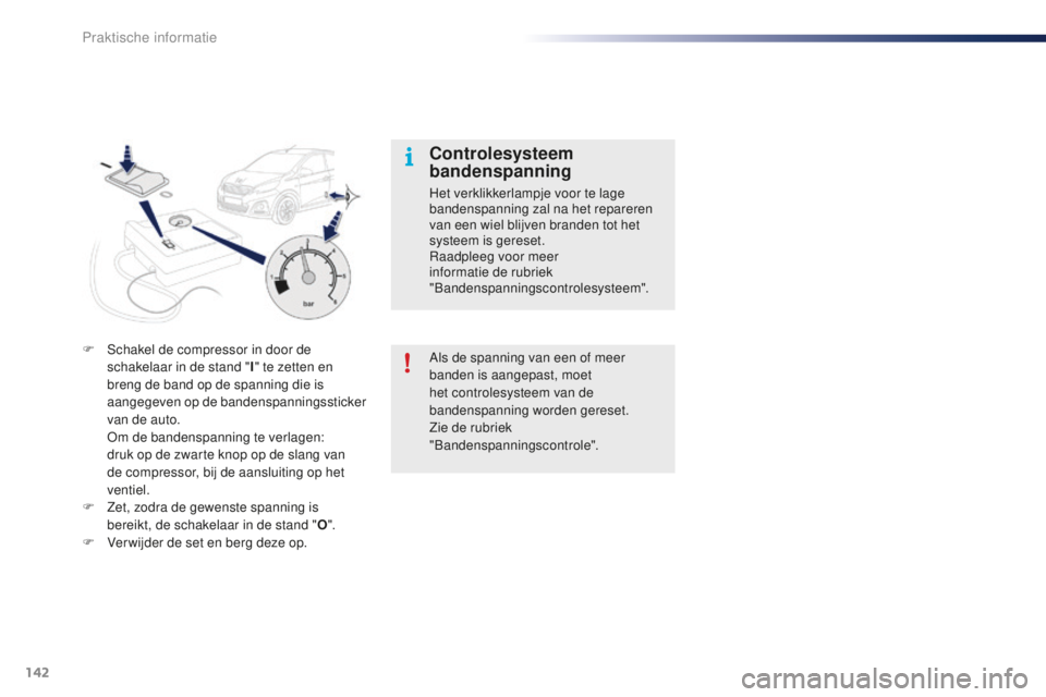 PEUGEOT 108 2015  Instructieboekje (in Dutch) 142
108_nl_Chap09_info-pratiques_ed01-2015
Als de spanning van een of meer 
banden is aangepast, moet 
het controlesysteem van de 
bandenspanning worden gereset.
Zie de rubriek 
"Bandenspanningsco