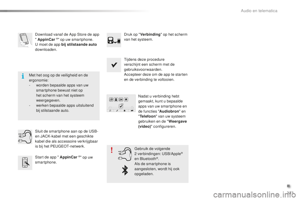 PEUGEOT 108 2015  Instructieboekje (in Dutch) 211
108_nl_Chap12a_Autoradio-Toyota-tactile-1_ed01-2015
Download vanaf de App Store de app 
" AppinCar ®" op uw smartphone.
U moet de app bij stilstaande auto  
downloaden. Druk op "
Verb