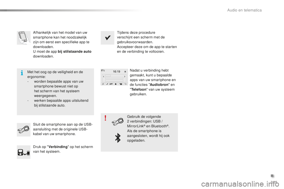 PEUGEOT 108 2015  Instructieboekje (in Dutch) 215
108_nl_Chap12a_Autoradio-Toyota-tactile-1_ed01-2015
Afhankelijk van het model van uw 
smartphone kan het noodzakelijk 
zijn om eerst een specifieke app te 
downloaden.
U moet de app bij stilstaand