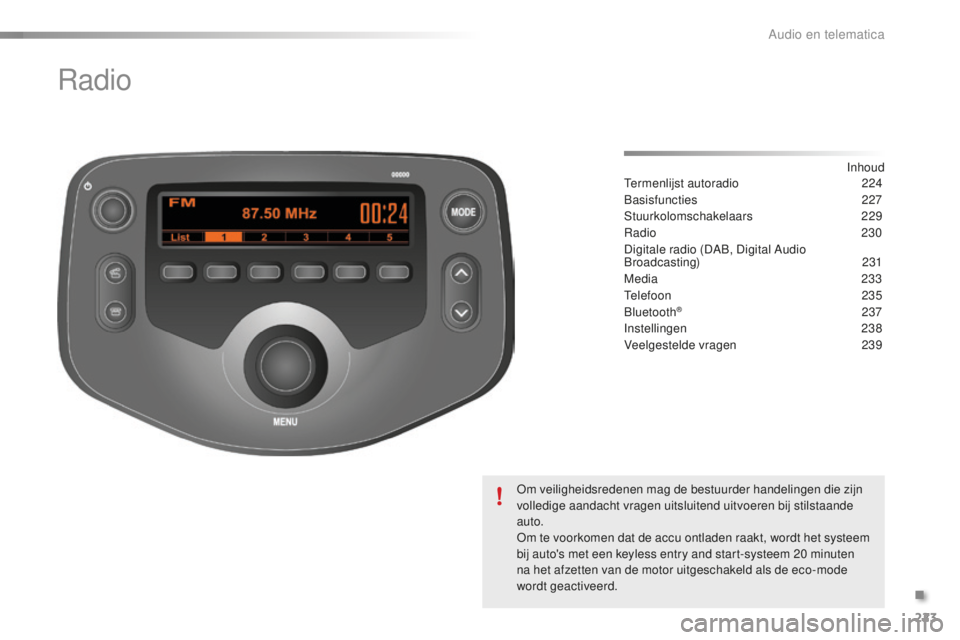 PEUGEOT 108 2015  Instructieboekje (in Dutch) 223
108_nl_Chap12b_Autoradio-Toyota-2_ed01-2015
Radio
Inhoud
Termenlijst autoradio
 2 24
Basisfuncties
 

227
Stuurkolomschakelaars
 

229
Radio
  230
Digitale radio (DAB, Digital Audio 
Broadcasting)