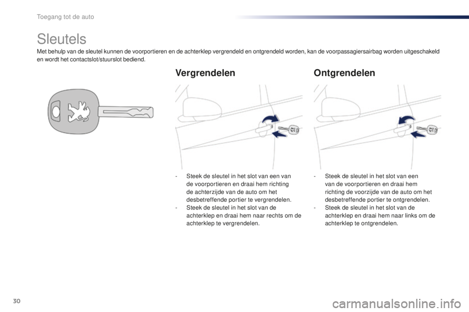 PEUGEOT 108 2015 Instructieboekje (in Dutch) 30
108_nl_Chap02_ouvertures_ed01-2015
Met behulp van de sleutel kunnen de voorportieren en de achterklep vergrendeld en ontgrendeld worden, kan de voorpassagiersairbag worden uitgeschakeld
en wordt h PEUGEOT 108 2015 Instructieboekje (in Dutch) 30
108_nl_Chap02_ouvertures_ed01-2015
Met behulp van de sleutel kunnen de voorportieren en de achterklep vergrendeld en ontgrendeld worden, kan de voorpassagiersairbag worden uitgeschakeld
en wordt h