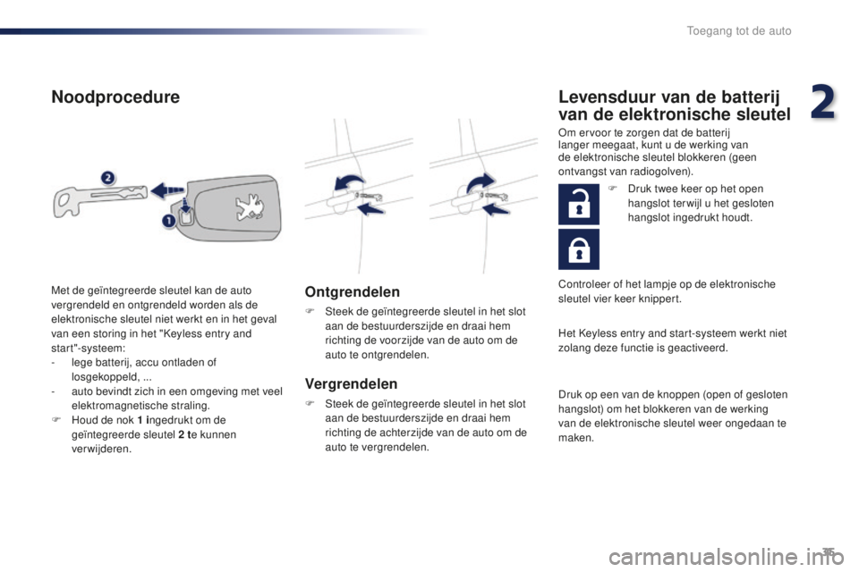 PEUGEOT 108 2015 Instructieboekje (in Dutch) 35
108_nl_Chap02_ouvertures_ed01-2015
Noodprocedure
Ontgrendelen
F Steek de geïntegreerde sleutel in het slot aan de bestuurderszijde en draai hem
richting de voorzijde van de auto om de
auto te on PEUGEOT 108 2015 Instructieboekje (in Dutch) 35
108_nl_Chap02_ouvertures_ed01-2015
Noodprocedure
Ontgrendelen
F Steek de geïntegreerde sleutel in het slot aan de bestuurderszijde en draai hem
richting de voorzijde van de auto om de
auto te on