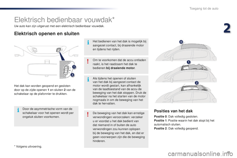 PEUGEOT 108 2015 Instructieboekje (in Dutch) 41
108_nl_Chap02_ouvertures_ed01-2015
* Volgens uitvoering. Uw auto kan zijn uitgerust met een elektrisch bedienbaar vouwdak.
Elektrisch bedienbaar vouwdak*
Elektrisch openen en sluiten
Het dak kan wo PEUGEOT 108 2015 Instructieboekje (in Dutch) 41
108_nl_Chap02_ouvertures_ed01-2015
* Volgens uitvoering. Uw auto kan zijn uitgerust met een elektrisch bedienbaar vouwdak.
Elektrisch bedienbaar vouwdak*
Elektrisch openen en sluiten
Het dak kan wo